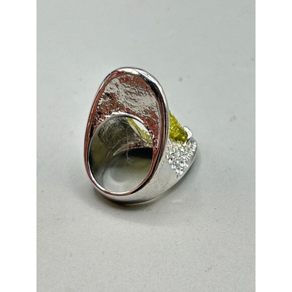 Fancy Statement Ring Size 6 Wide Cocktail Ring with Elongated Green Glass Stone - Picture 4 of 10